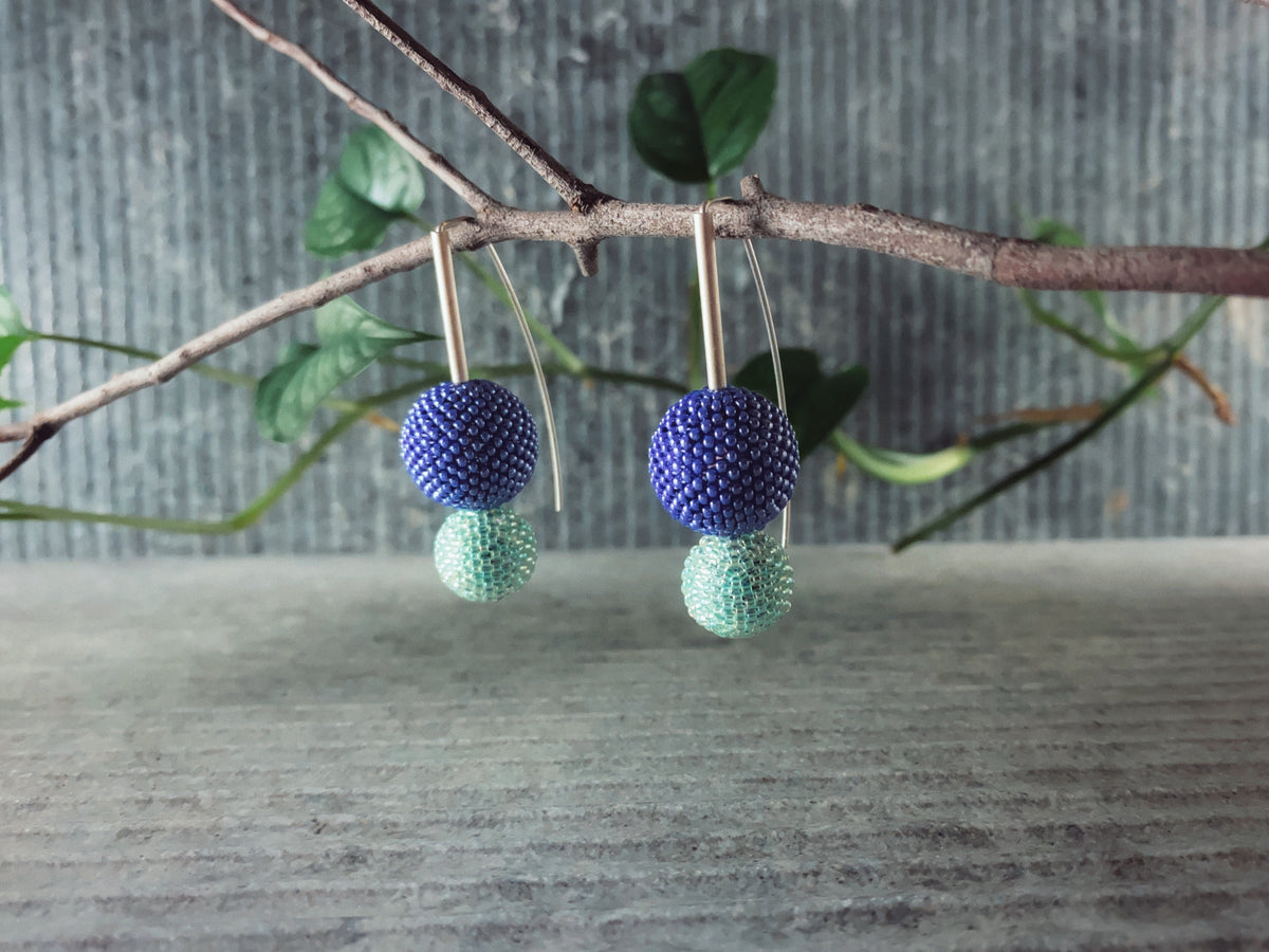 Biggie Small: Contemporary Beaded Ball Sterling Silver Earrings | Purple & Aqua