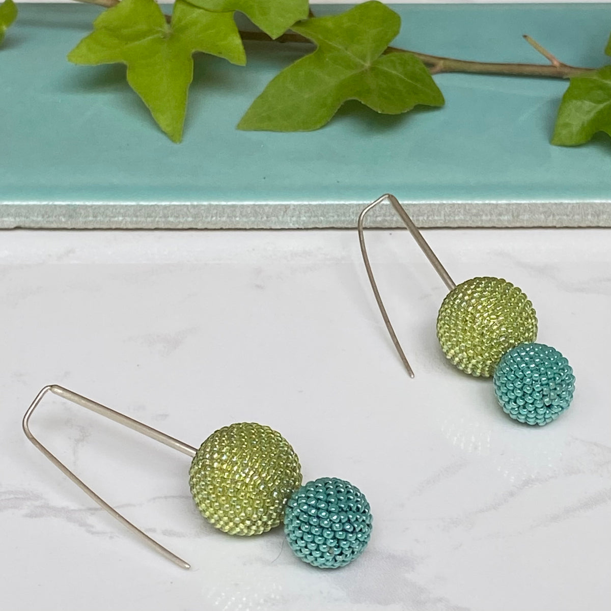 Biggie Small: Contemporary Sterling Silver & Beaded Ball Earrings | Lime & Turquoise