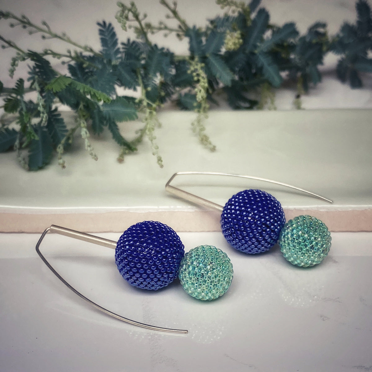 Biggie Small: Contemporary Beaded Ball Sterling Silver Earrings | Purple & Aqua